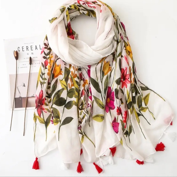 Spring floral cotton linen scarf - Picture 1 of 2